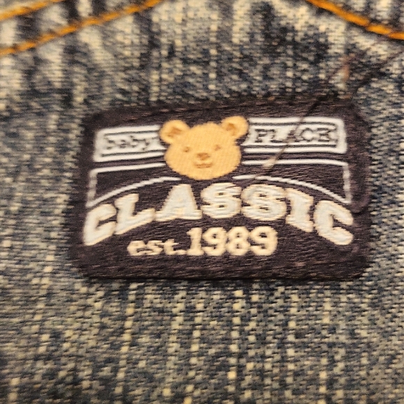 Lined denim overalls with embrodiered teddy bear on front - Picture 5 of 5